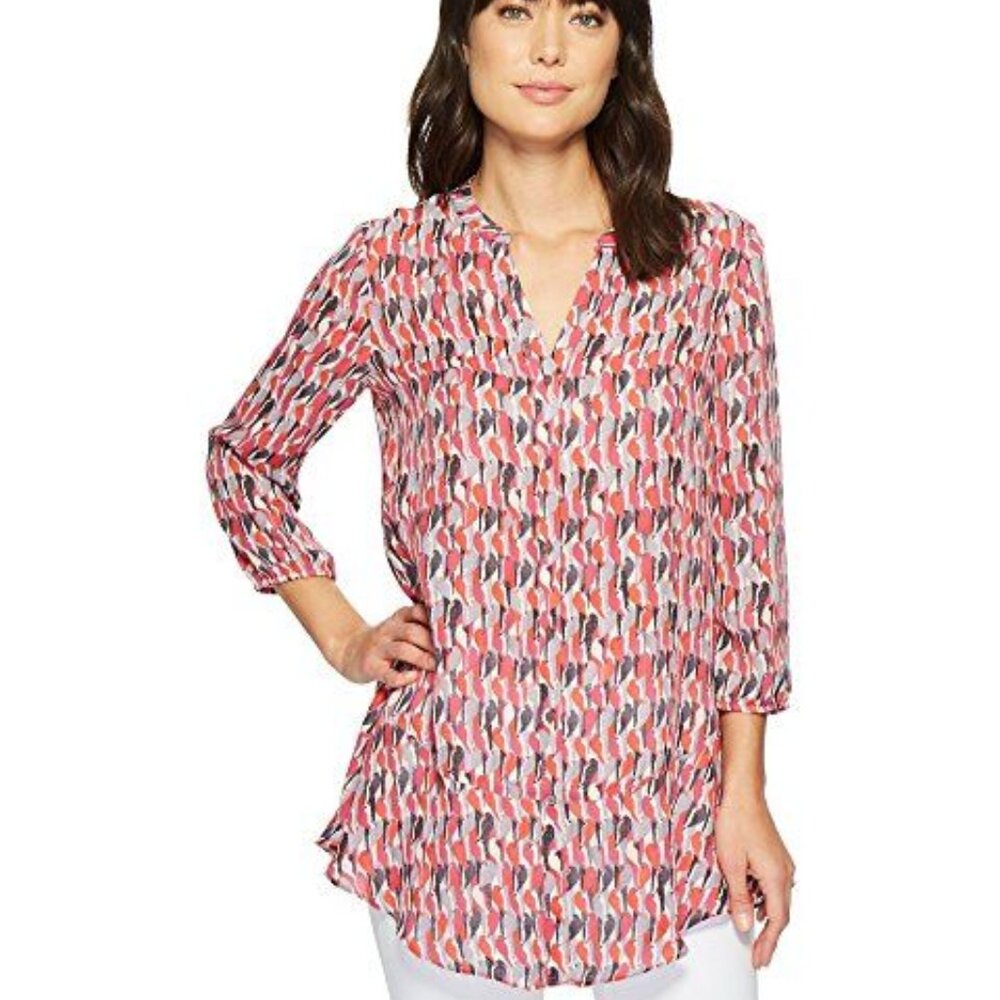 Nic + Zoe Bird Printed Long Sleeve Button Down Tunic Top L